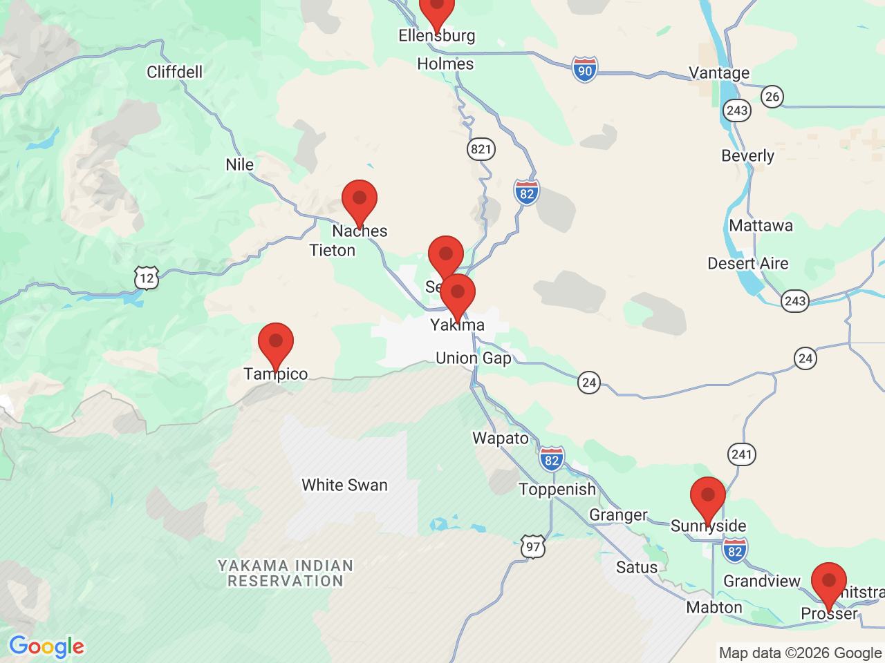 Map of service areas around Yakima, WA